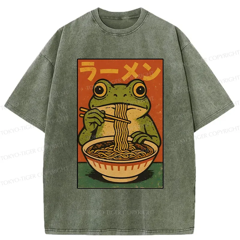Tokyo-Tiger Frog Eating Ramen Retro Washed T-Shirt