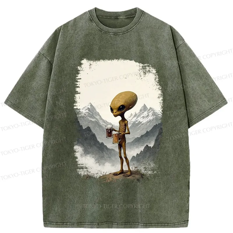 Tokyo-Tiger Alien With Beer Funny Washed T-Shirt