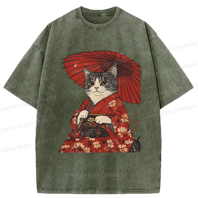 Tokyo-Tiger Japanese Cat Holding An Umbrella Washed T-Shirt