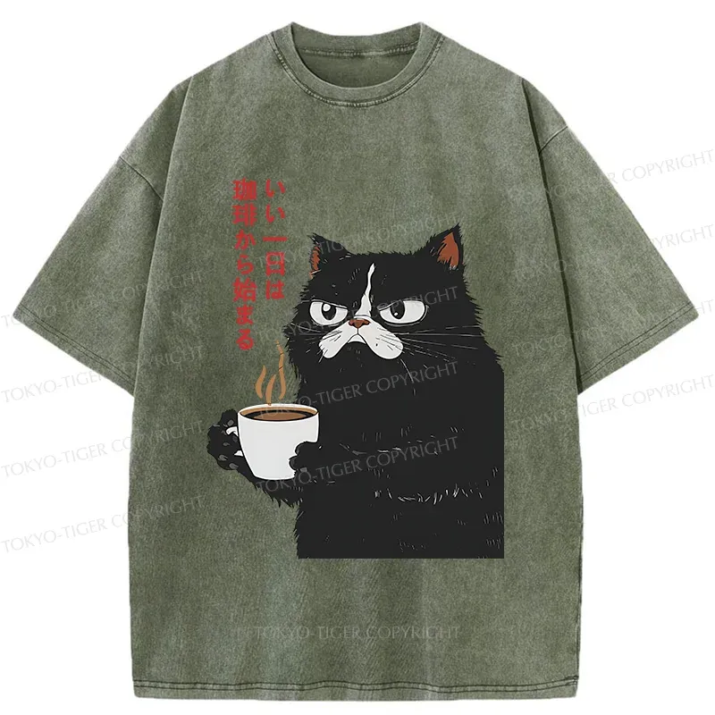 Tokyo-Tiger Black Cat Drinking Coffee Washed T-Shirt