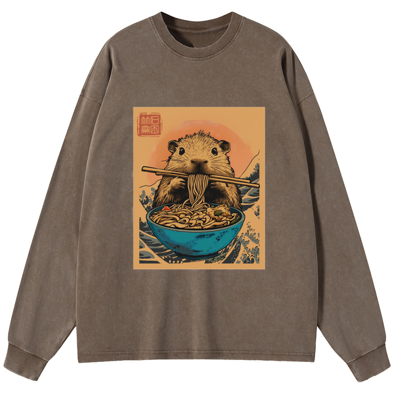 Tokyo-Tiger Opossum Eats Ramen Washed Long Sleeve T-Shirt