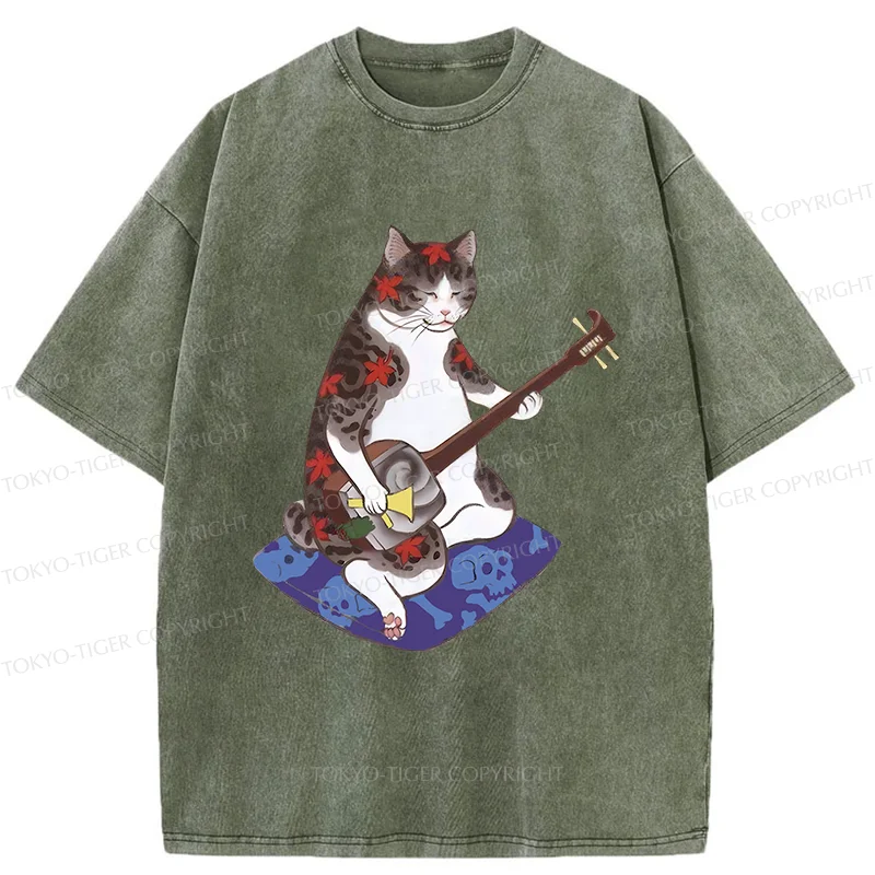 Tokyo-Tiger Cat Playing Shamisen Washed T-Shirt