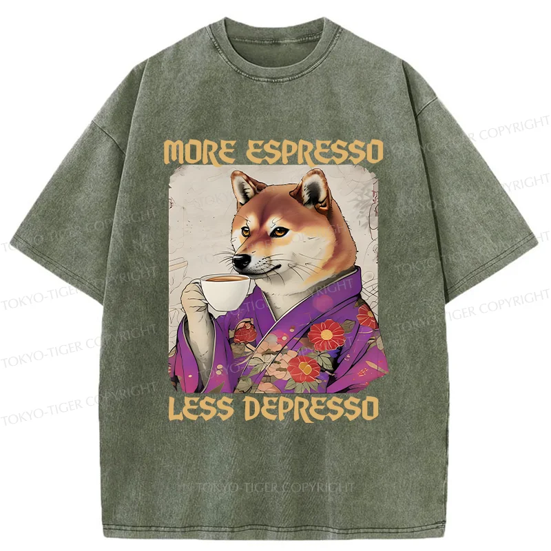 Tokyo-Tiger Shiba Inu Drinking Coffee Washed T-Shirt