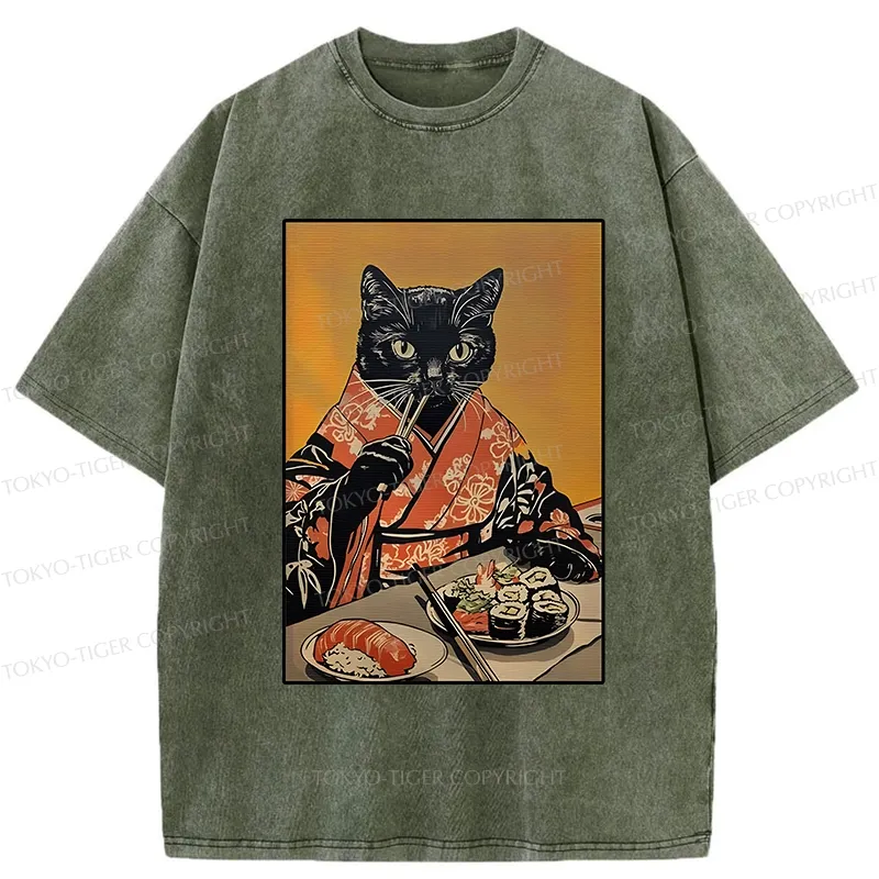 Tokyo-Tiger Sushi Lover Black Cat Washed T-Shirt