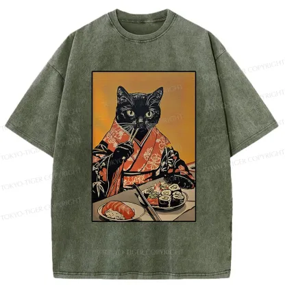 Tokyo-Tiger Sushi Lover Black Cat Washed T-Shirt