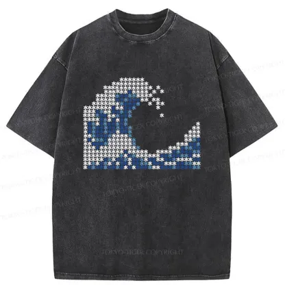 Tokyo-Tiger Ukiyo-e Waves Kanji Washed T-Shirt