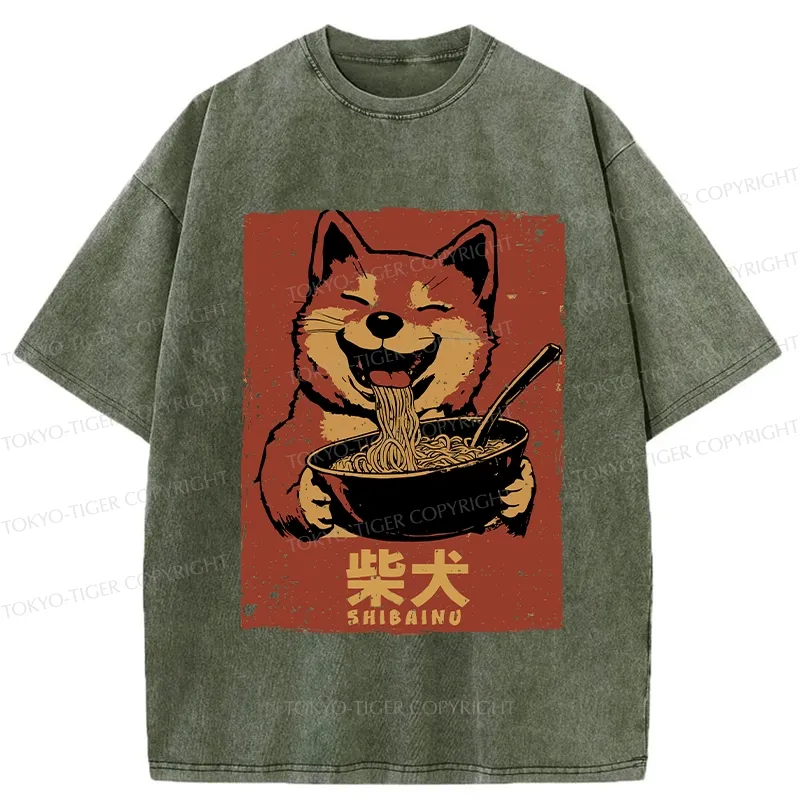Tokyo-Tiger Ramen Lover Shiba Inu Washed T-Shirt