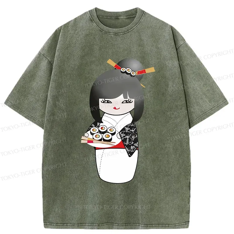 Tokyo-Tiger Kokeshi Makes Sushi Washed T-Shirt