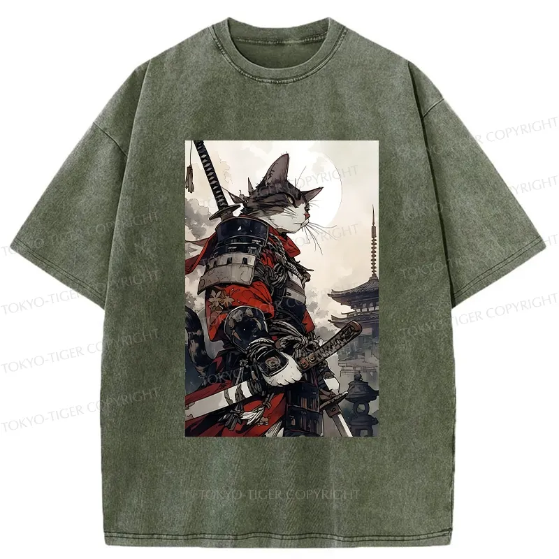 Tokyo-Tiger Majestic Samurai Cat Washed T-Shirt