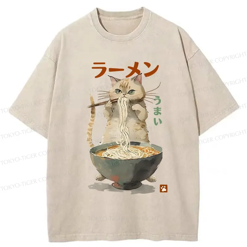 Tokyo-Tiger Cute Cat Eating Yummy Ramen Washed T-Shirt