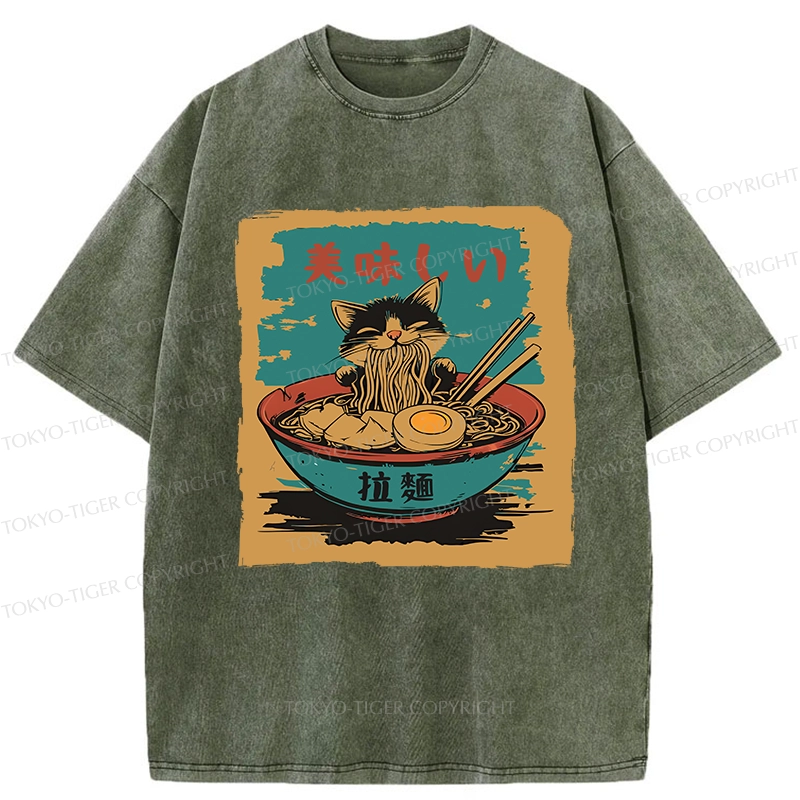 Tokyo-Tiger Kitten Eating Ramen Washed T-Shirt