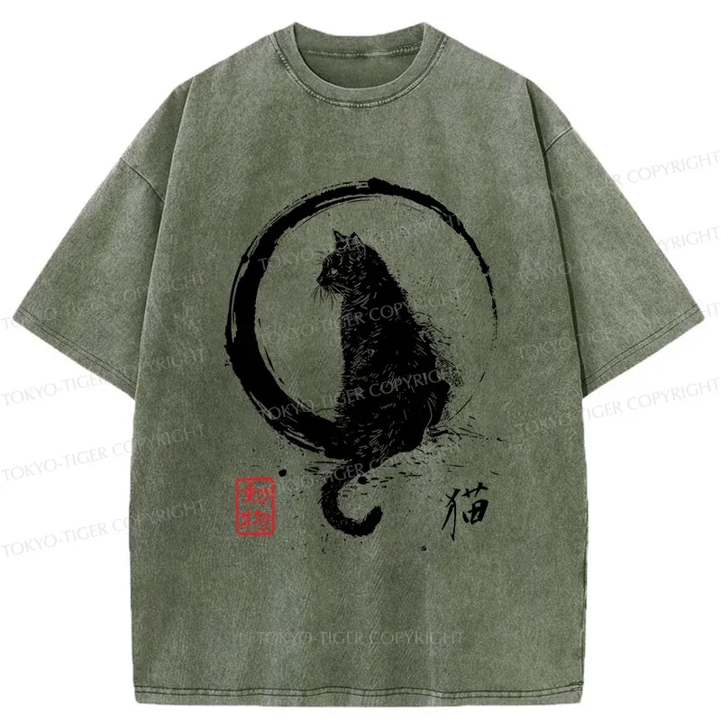 Tokyo-Tiger Retro Japanese Black Cat Washed T-Shirt