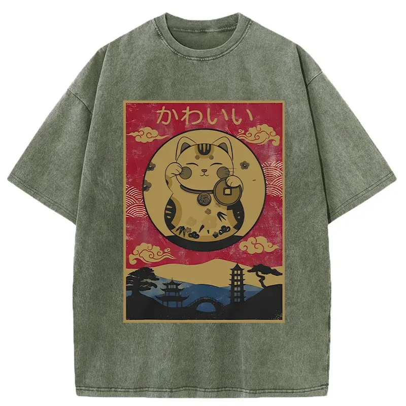 Tokyo-Tiger Retro Lucky Cat Washed T-Shirt