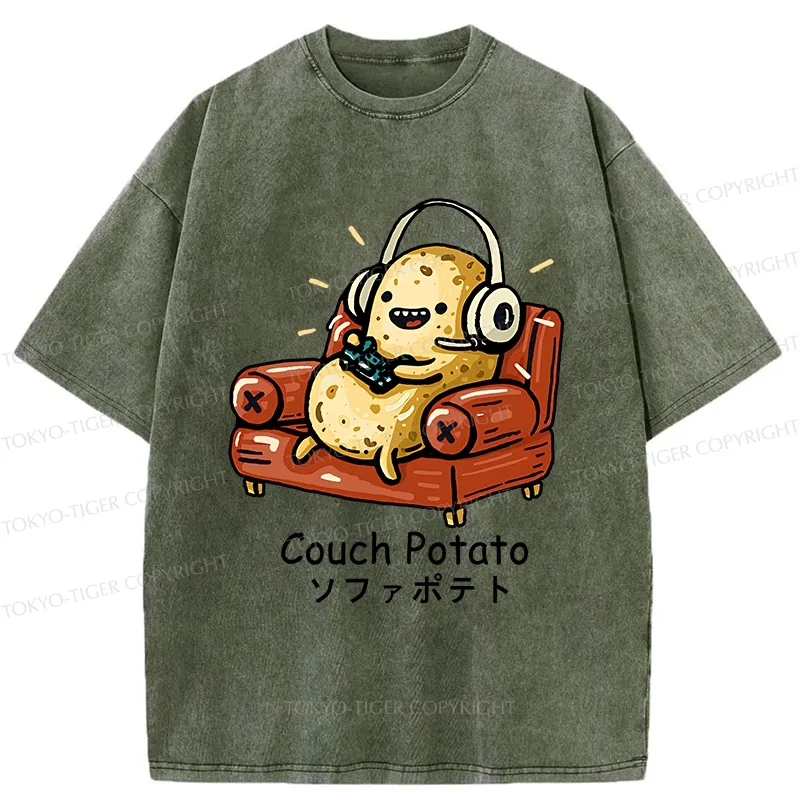 Tokyo-Tiger Funny Lazy Potato Washed T-Shirt