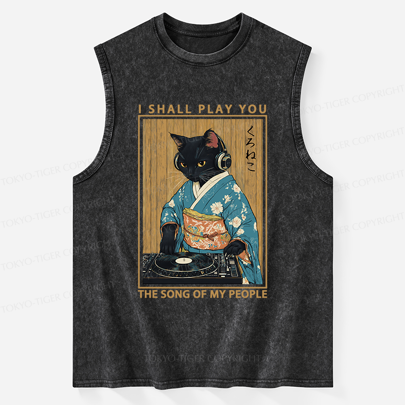 Tokyo-Tiger Funny Playing Music Black Cat Washed Tank