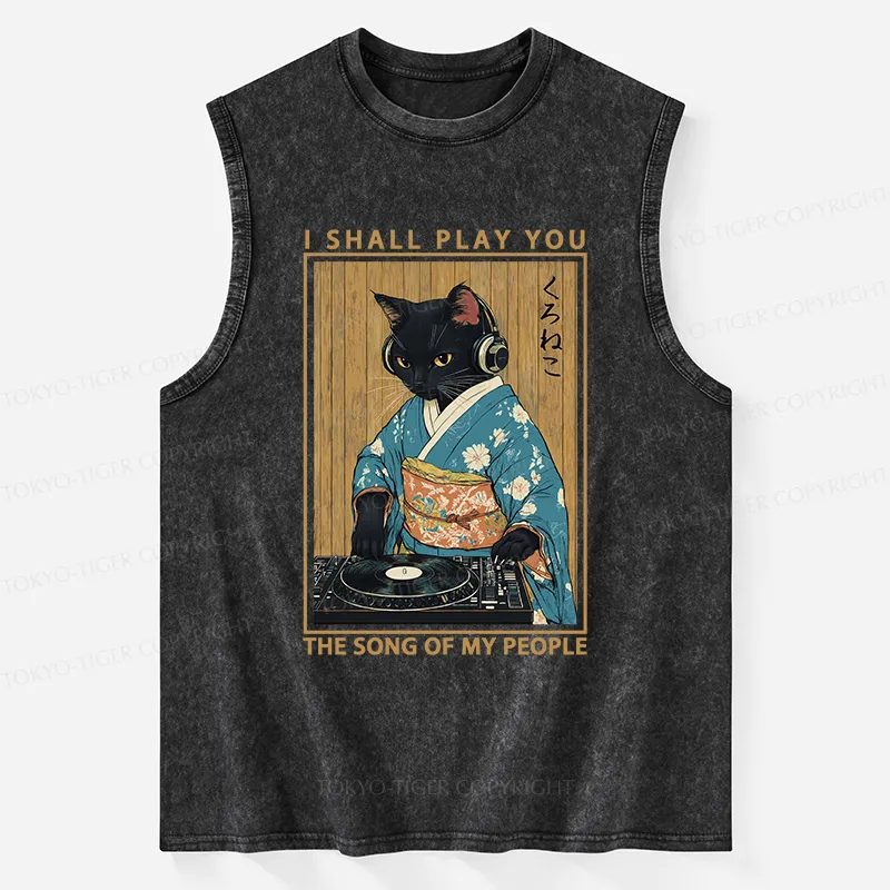 Tokyo-Tiger Funny Playing Music Black Cat Washed Tank