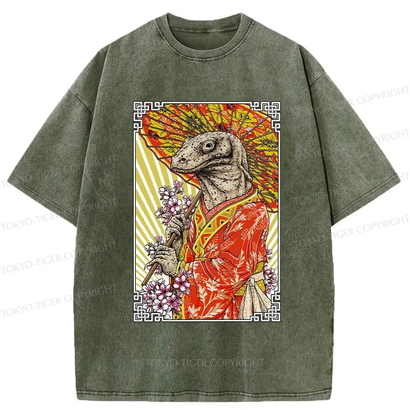 Tokyo-Tiger Elegant Lizard Holding An Umbrella Washed T-Shirt