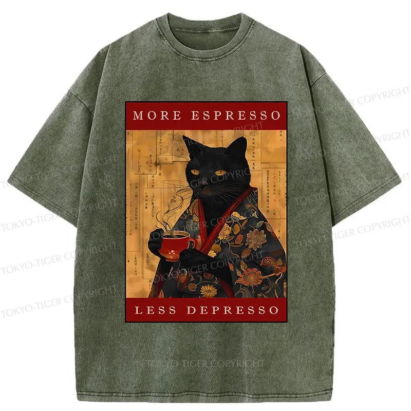 Tokyo-Tiger More Espresso Less Depresso Cat Washed T-Shirt