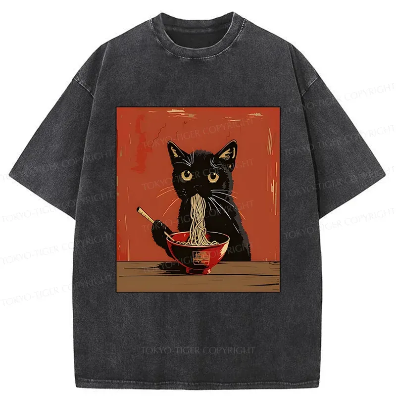 Tokyo-Tiger Japanese Black Cat Eating Ramen Washed T-Shirt
