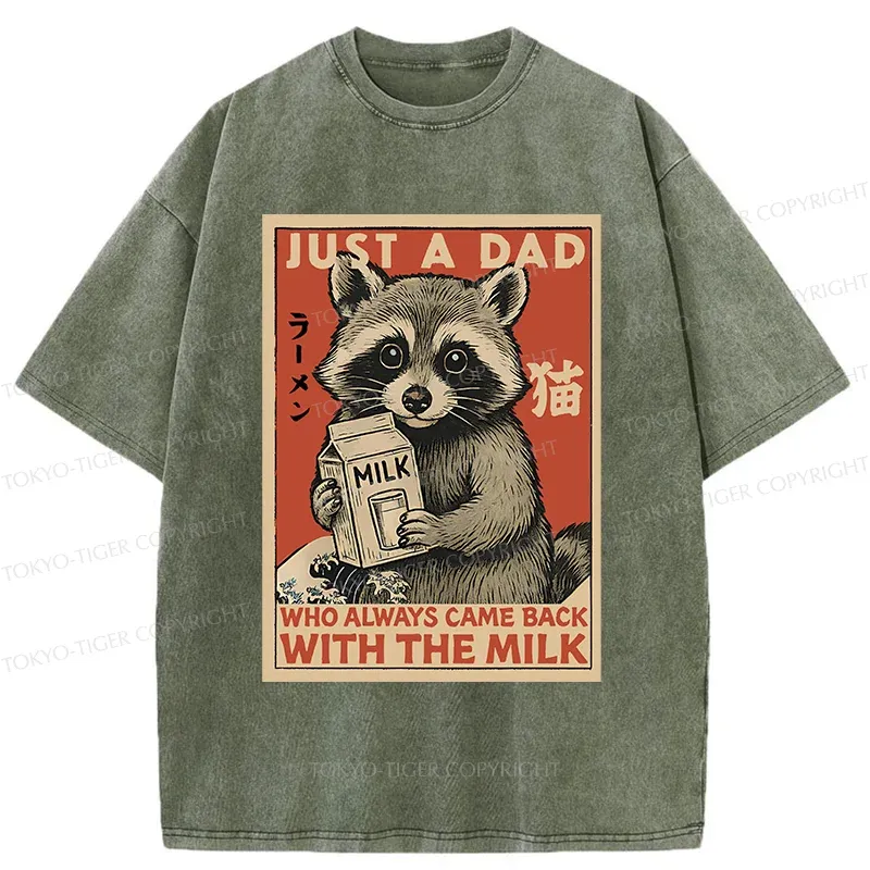 Tokyo-Tiger Cute Raccoon Holding Milk Washed T-Shirt