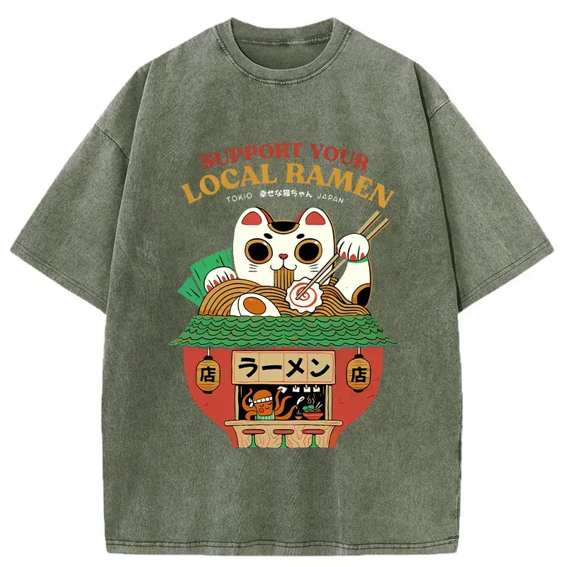 Tokyo-Tiger Lucky Cat Eating Ramen Mic Washed T-Shirt