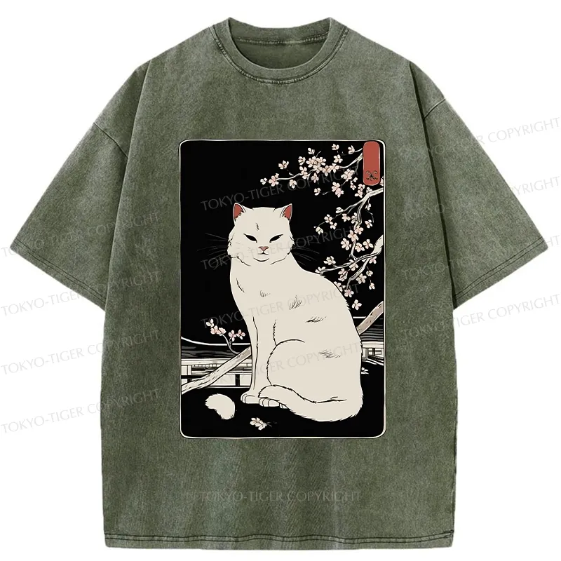 Tokyo-Tiger Cat Under The Sakura Washed T-Shirt