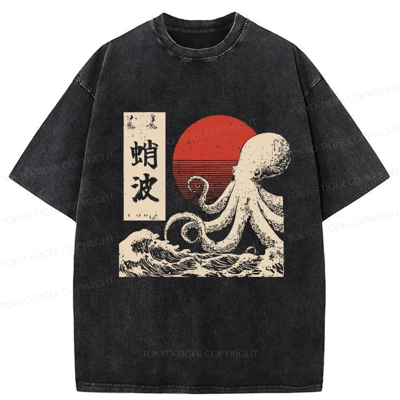 Tokyo-Tiger Retro Octopus Wave Washed T-Shirt