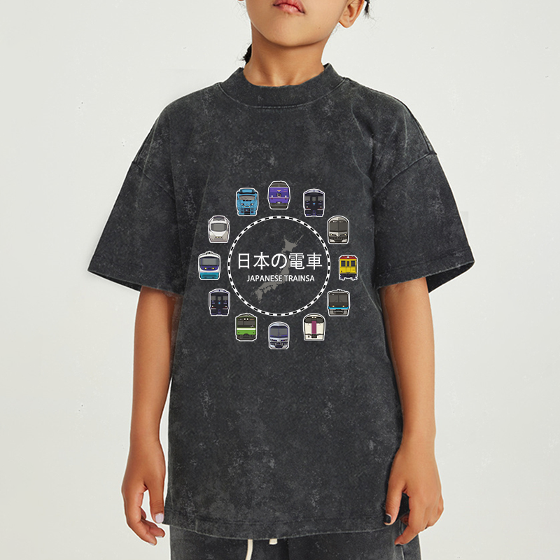 Tokyo-Tiger Japanese Trains Kids Washed T-Shirt