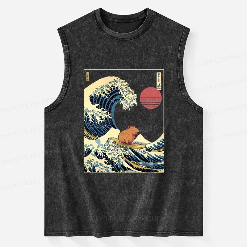 Tokyo-Tiger Capybara Surfing Washed Tank