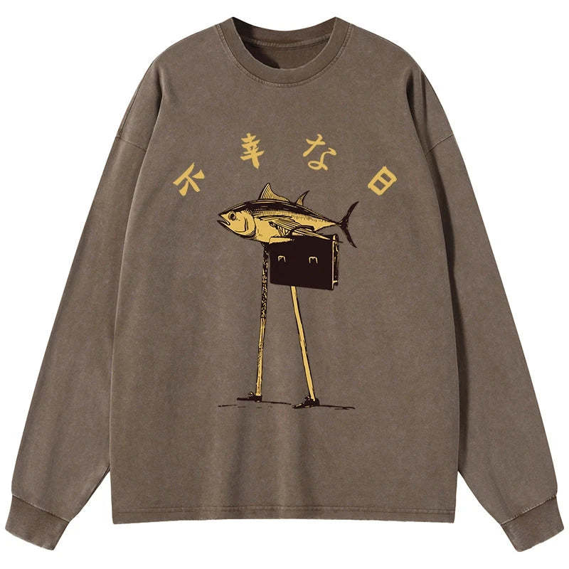 Tokyo-Tiger Unlucky Fish Japanese Washed Long Sleeve T-Shirt
