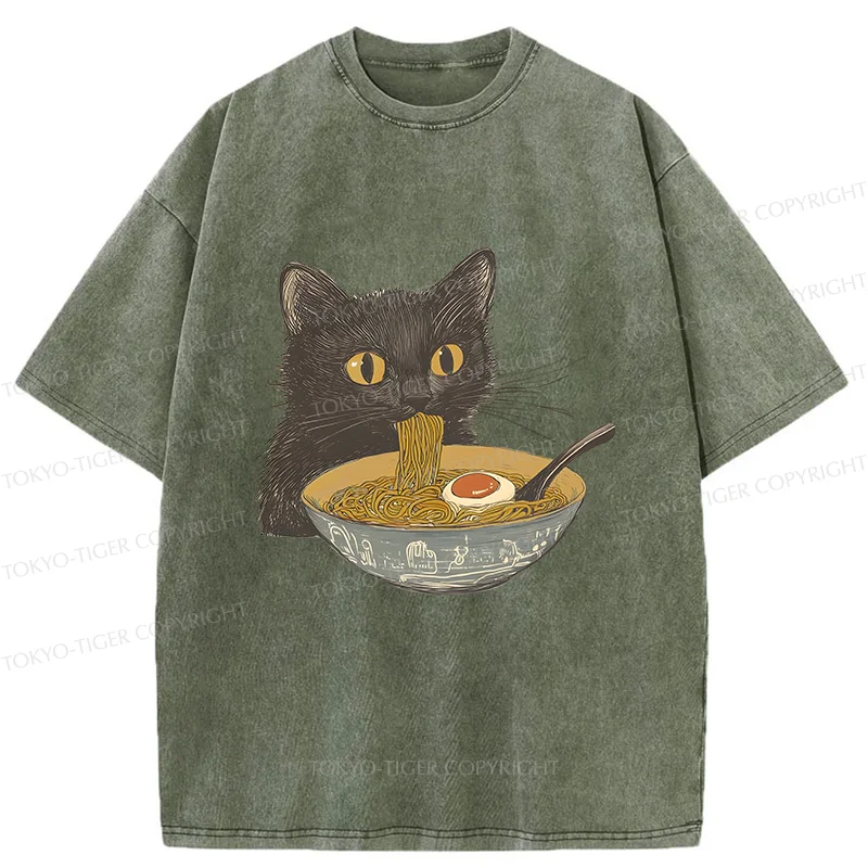 Tokyo-Tiger Cat Eating Tonkotsu Ramen Washed T-Shirt