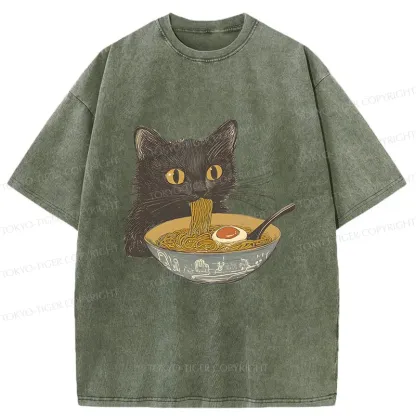 Tokyo-Tiger Cat Eating Tonkotsu Ramen Washed T-Shirt