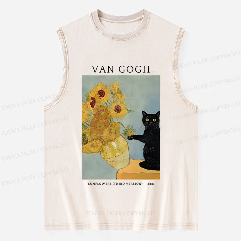 Tokyo-Tiger Black Cat With Sunflowers Washed Tank