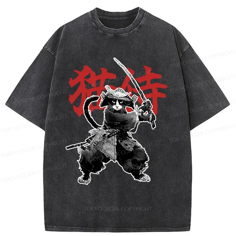 Tokyo-Tiger Black Cat Samurai Washed T-Shirt