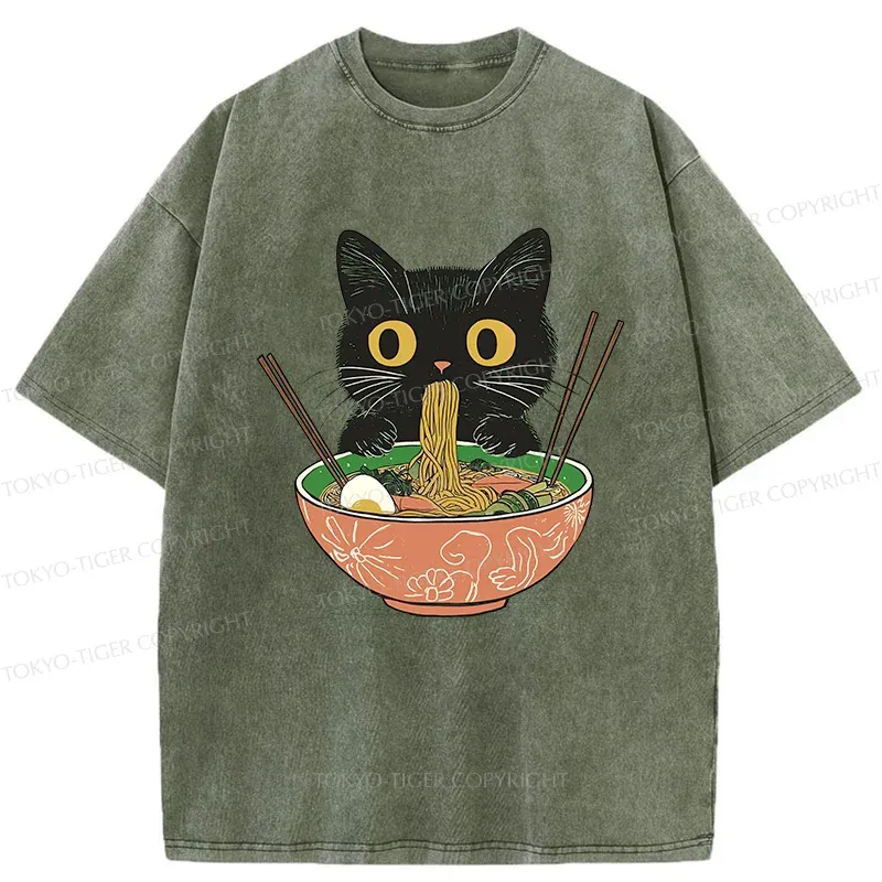 Tokyo-Tiger Black Cat Steals Ramen Washed T-Shirt