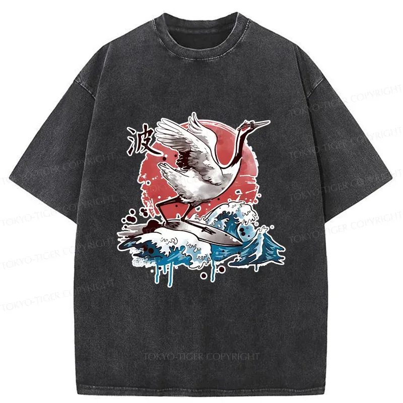Tokyo-Tiger Crane Surfing Washed T-Shirt