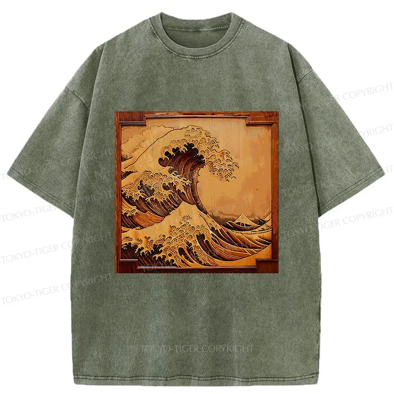 Tokyo-Tiger Panel Painting Ukiyoe Wave Washed T-Shirt