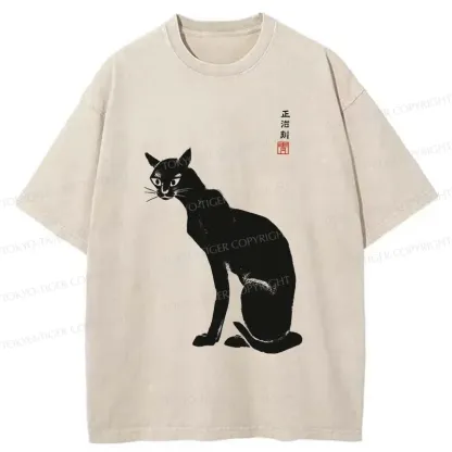 Tokyo-Tiger Slender Black Cat Washed T-Shirt
