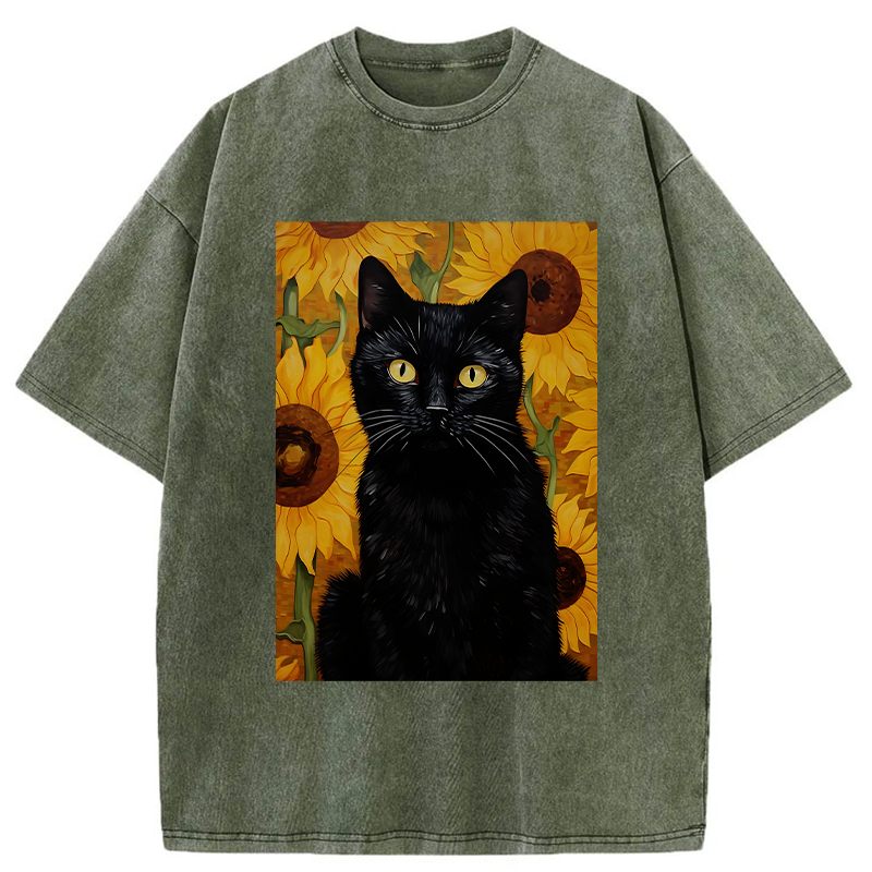 Tokyo-Tiger Black Cat Among Sunflowers Washed T-Shirt