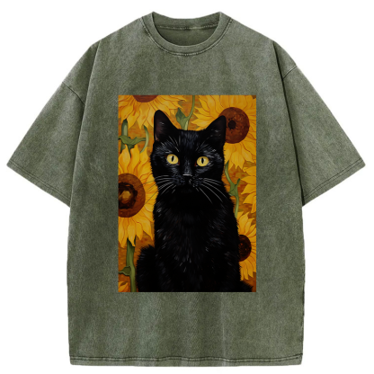 Tokyo-Tiger Black Cat Among Sunflowers Washed T-Shirt