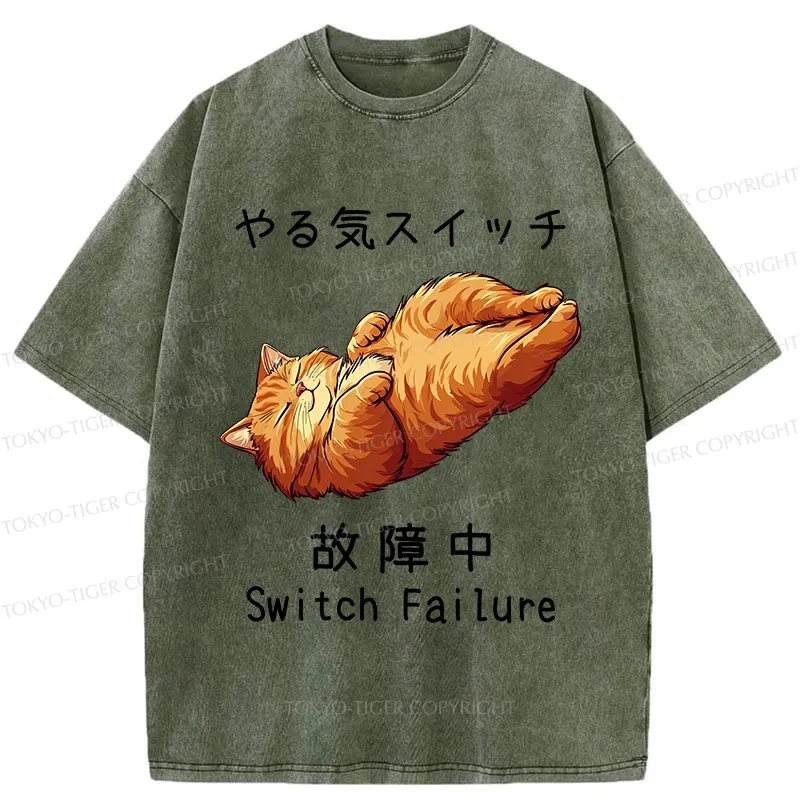 Tokyo-Tiger Funny Cat Switch Failure Washed T-Shirt
