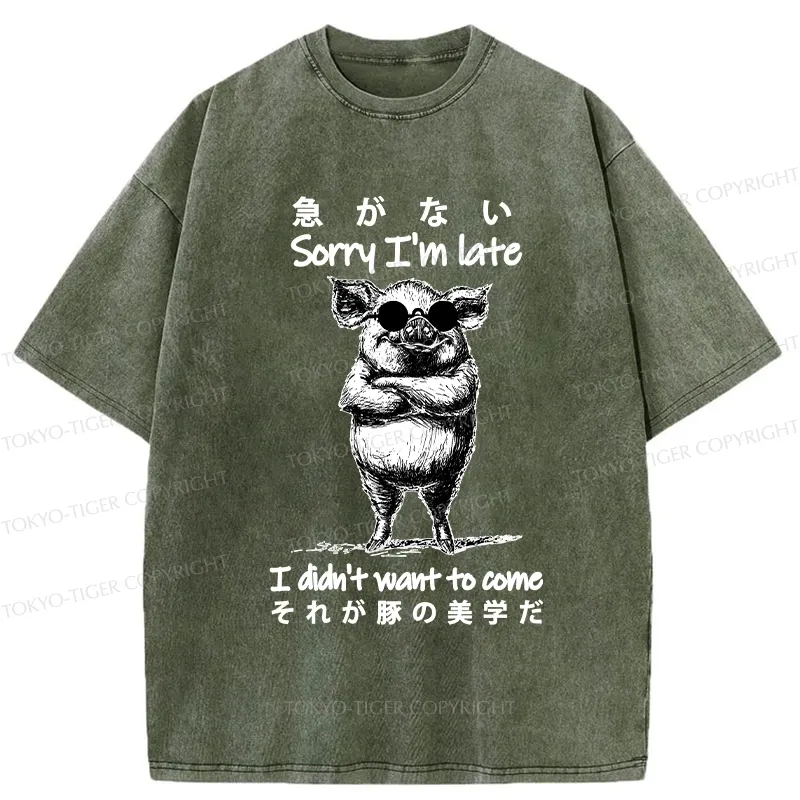 Tokyo-Tiger Funny Late Pig Washed T-Shirt