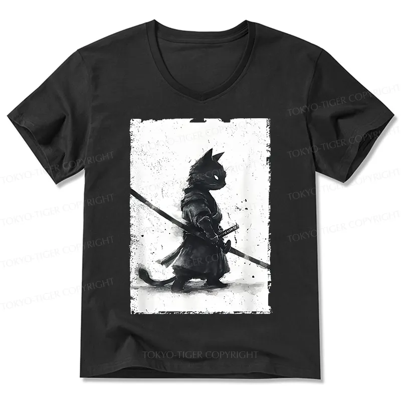 Tokyo-Tiger Retro Cat Samurai Japanese V-Neck Classic T-Shirt Sale