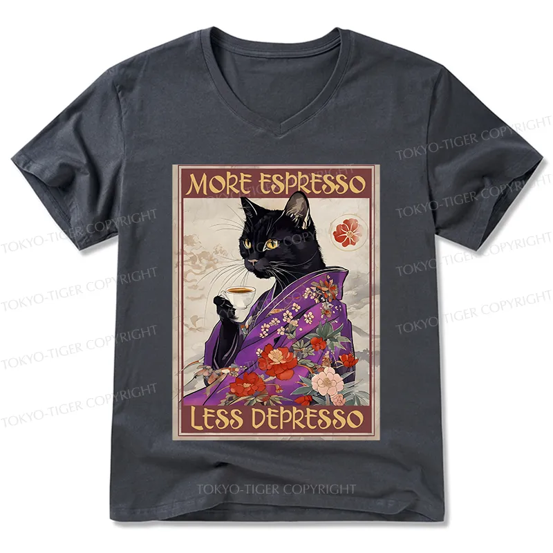 Tokyo-Tiger Japanese Cat Drinking Coffee V-Neck Classic T-Shirt Sale