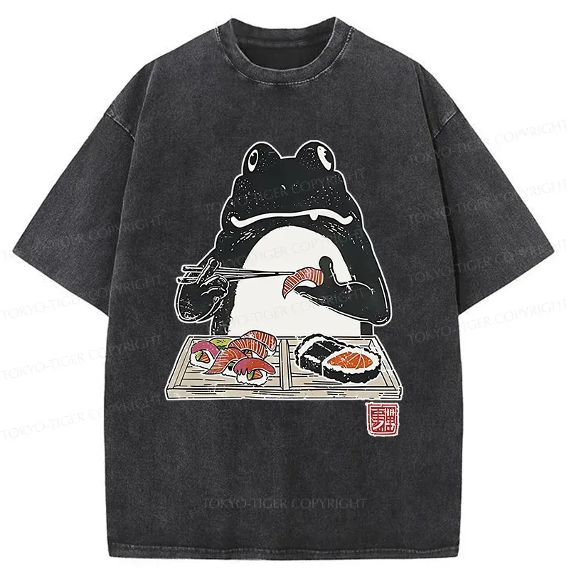 Tokyo-Tiger Frog Eating Sushi Washed T-Shirt