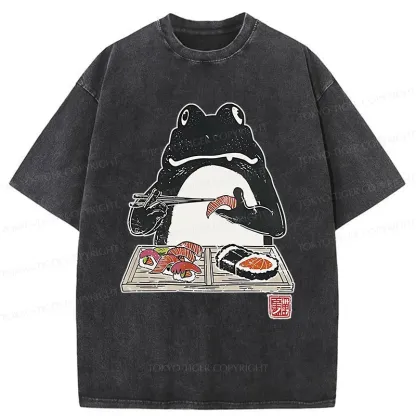 Tokyo-Tiger Frog Eating Sushi Washed T-Shirt