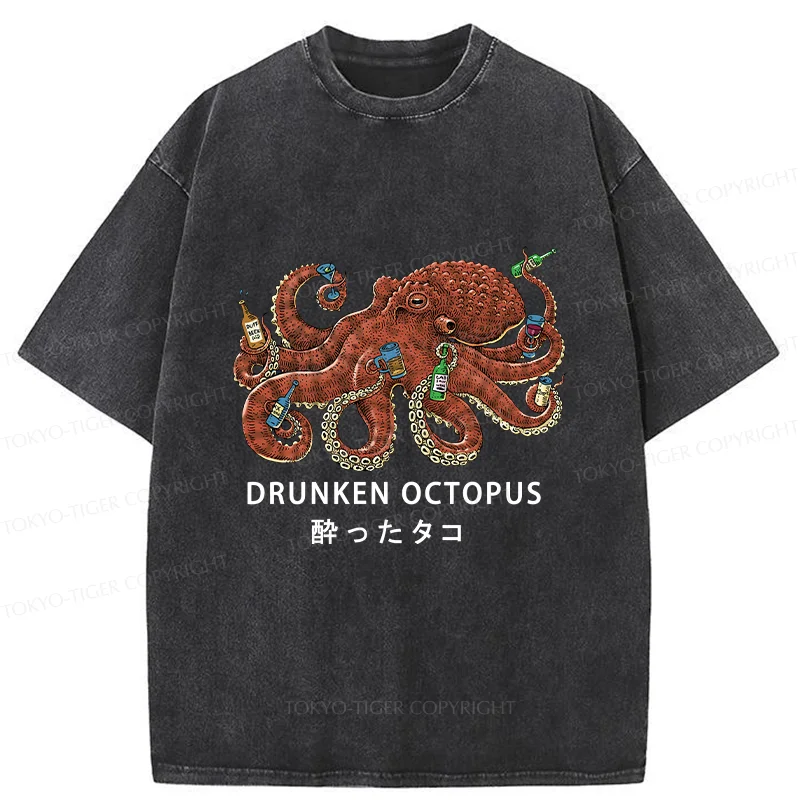 Tokyo-Tiger Drinking Octopus Washed T-Shirt