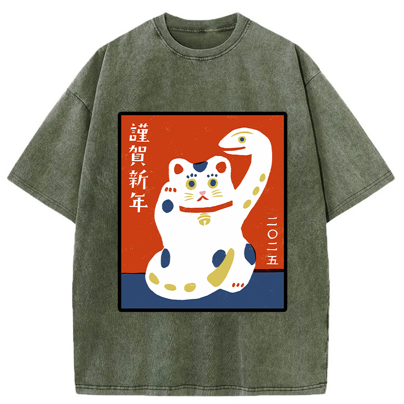 Tokyo-Tiger Happy New Year With Lucky Cat Washed T-Shirt
