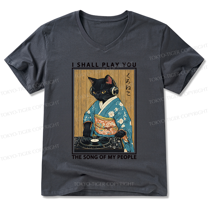 Tokyo-Tiger Funny Playing Music Black Cat V-Neck Classic T-Shirt