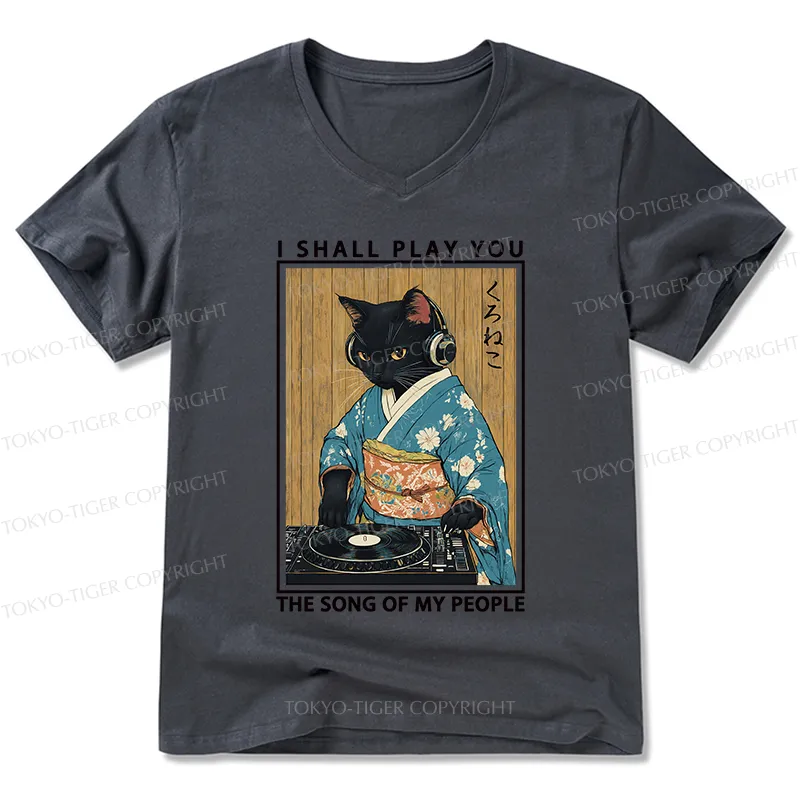 Tokyo-Tiger Funny Playing Music Black Cat V-Neck Classic T-Shirt